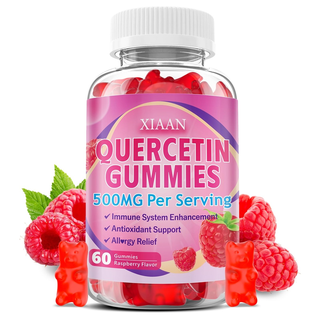Quercetin Gummies 500mg for Kids & Adults, Organic Quercetin Supplements with Bromelain Zinc Vitamin C and D3 Support Antioxidant & Immune System Health, Raspberry Flavor 60 Count
