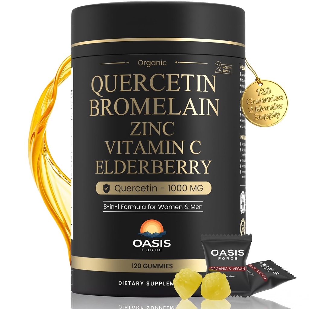 8in-1 Quercetin with Bromelain Gummies 1000 mg, High Potency Organic Quercetin Supplement with çinko & Vitamin C, Elderberry, Mevsimsel Wellness & Immune Support, Vegan, Sugar Free, 120 Gummies