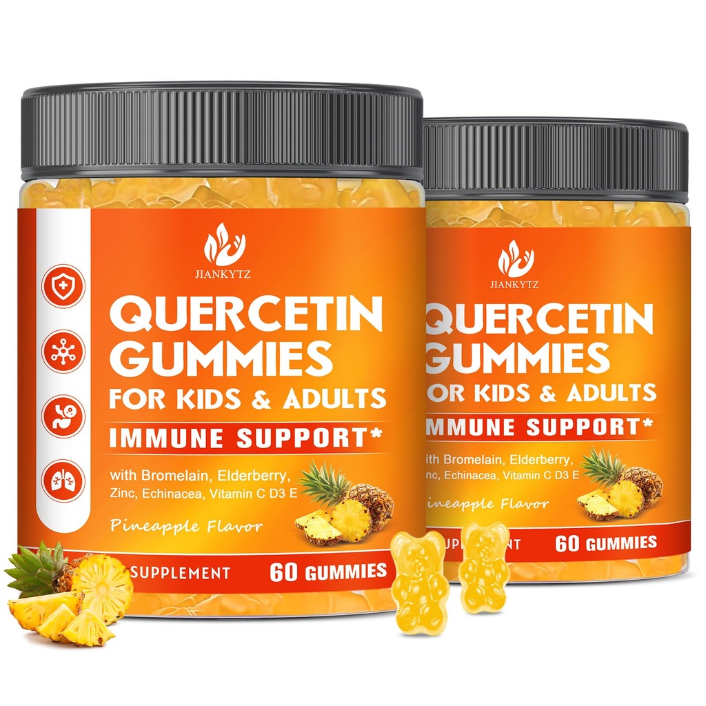 (2 Pack) Sugar Free Quercetin with Bromelain Gummies for Kids & Adult - Immune, Antioksi, Mevsim Desteği, 1000 mg Quercetin Supplements with Bromelain, çinko, Elderberry Count, C D3 E, 120