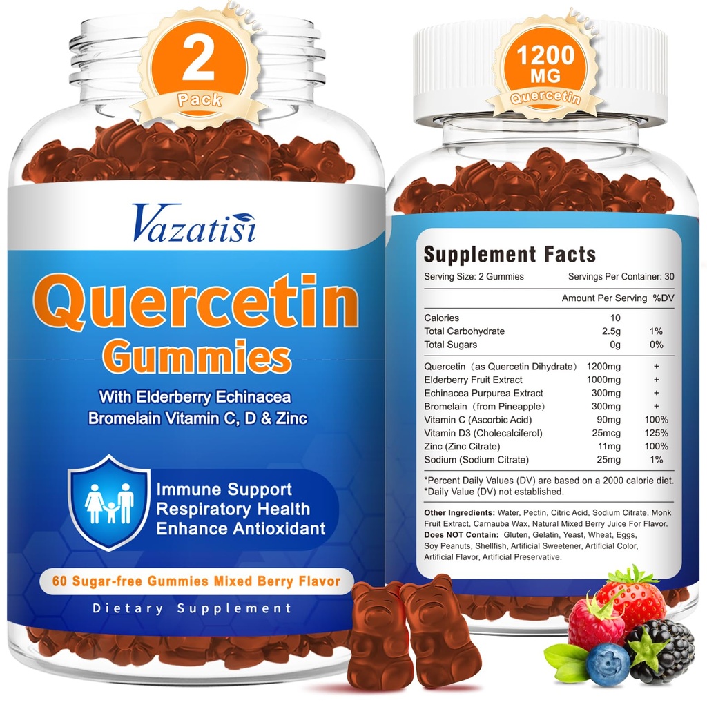 2 Pack Quercetin with Bromelain Gummies, Quercetin with Vitamin C çinko & Elderberry for Immune System & Alerji, Chewable & Vegan Gummies, Karma Berry Flavor 120 Cts