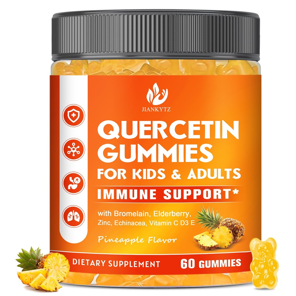 Sugar Free Quercetin with Bromelain Gummies for Kids & Adult - Immune, Antioksi, Mevsimlik Destek, 1000 mg Quercetin Supplements with Bromelain, çinko, Elderberry, C3 E, Vegan, 60