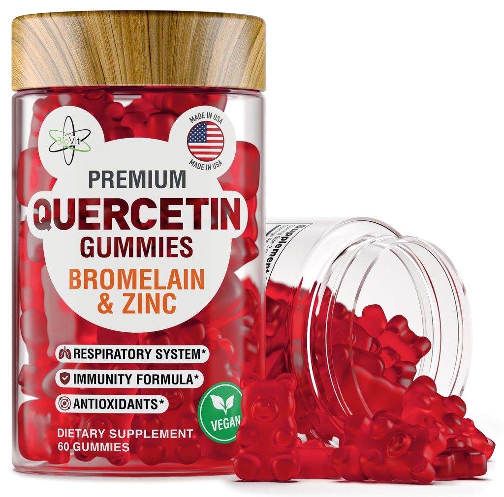 BioVit Quercetin Gummies 500MG - Çocuklar ve Yetişkinler için Aktif Quercetin Sistem ve Alerjiler - Bromelain, çinko, C vitamini, D3 - ABD'de Made in 60 Vegan Gummy Bears