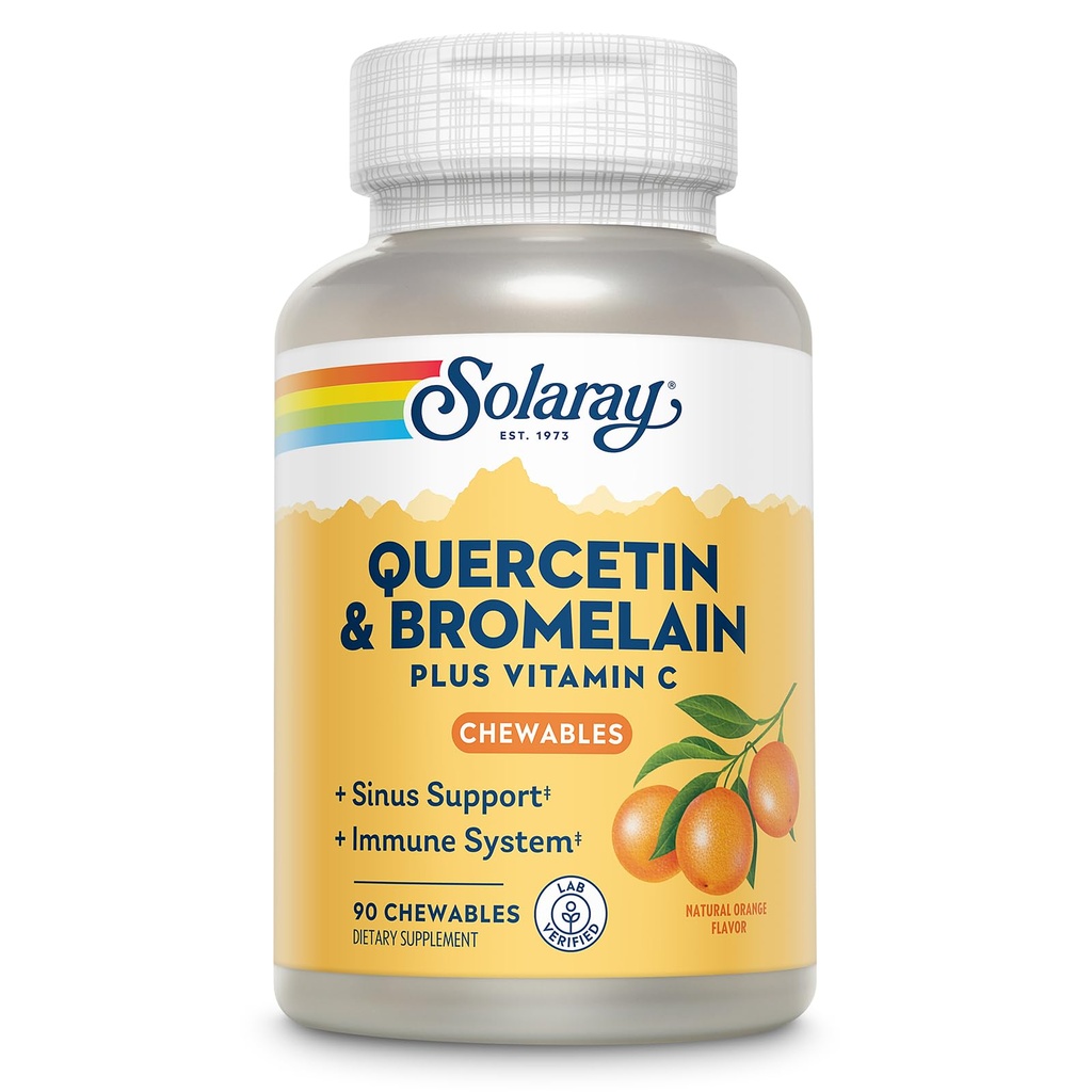 SOLARAY Quercetin with Bromelain and Vitamin C Chewables - Immune Support Supplement - Immune Defense and Heart Health Complex with 1250 mg Vit C, Natural Orange Flavor, 60-Day Garanti, 30 Serv, 90ct