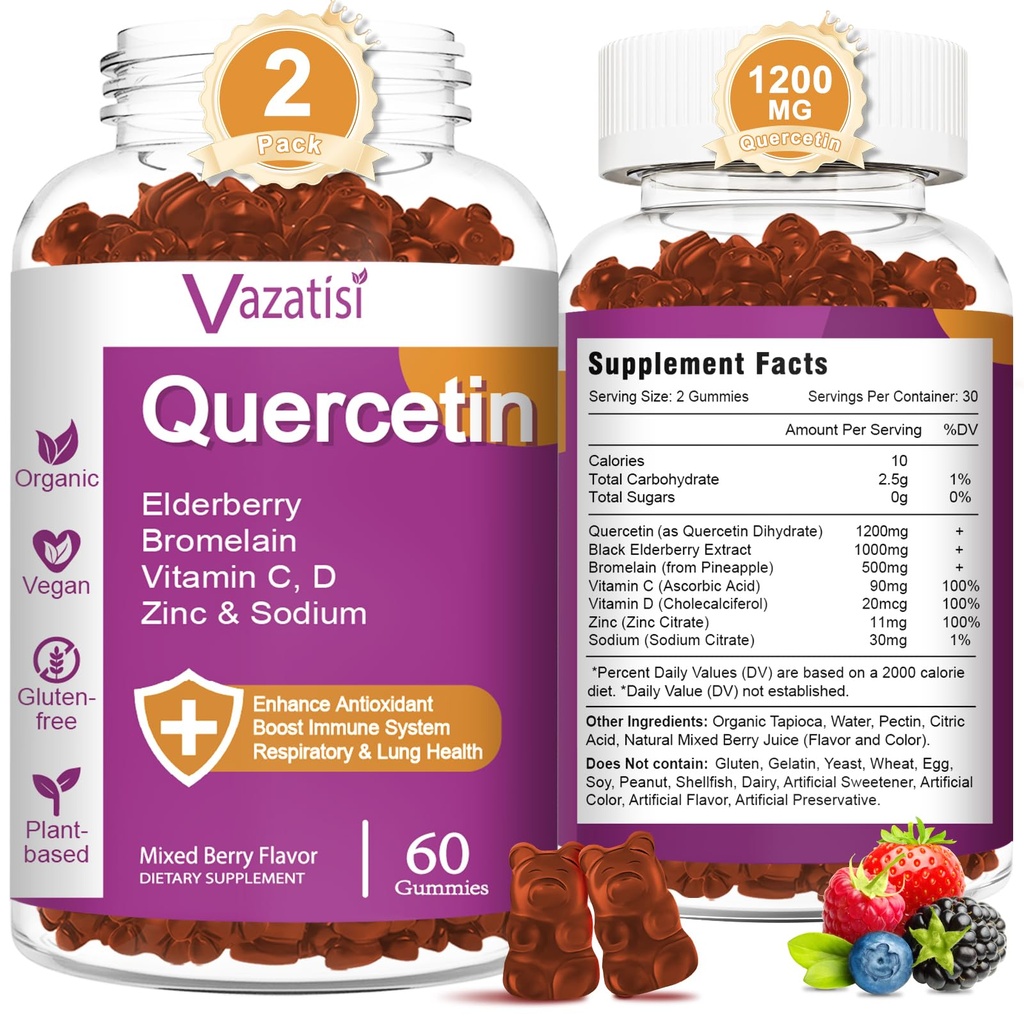 Quercetin Gummies, Quercetin, C Çinko, Bromelain, Elderberry ve D vitamini ile, Immune Support Yetişkinler Çocuklar, Kadınlar 120 Gummies Chewableable