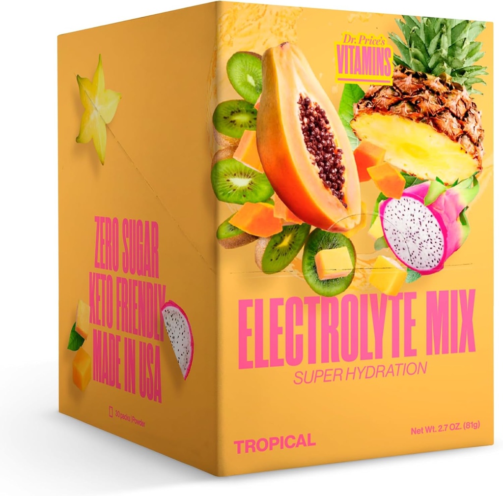 Dr. Price's Electrolyte Mix | Sugar-Free Hydration Toz with 72+ Trace Minerals | No Sugar, Fast-Dis deploy Electrolytes Toz Packets | Tropikal (30 Packs)