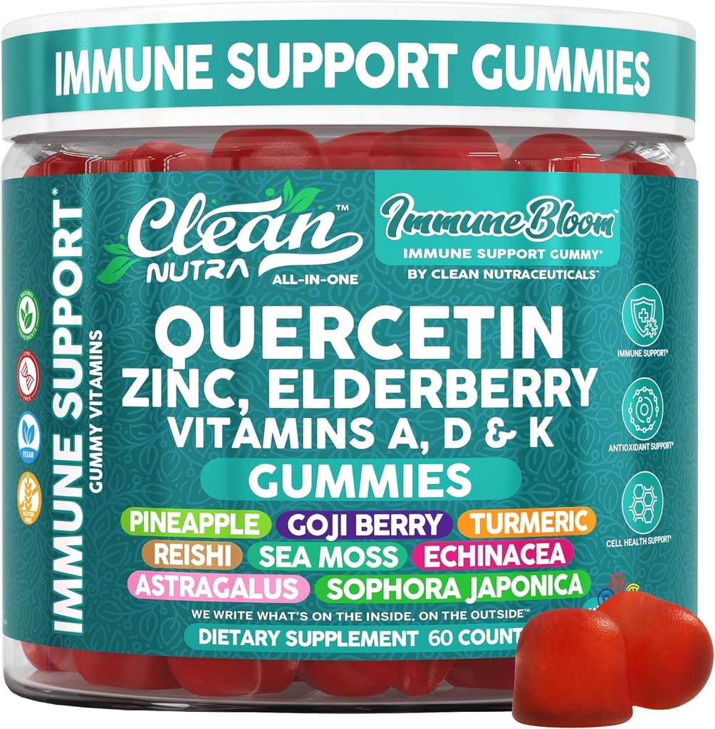 Clean Quercetin Elderberry Immune Support Gummies | çinko Vitamin K2 D3 A Bromelain Cut Berry Turmeric Sea Moss Echinacea Astragalus Selenium Olive Leaf Immunity Supplement Gummy