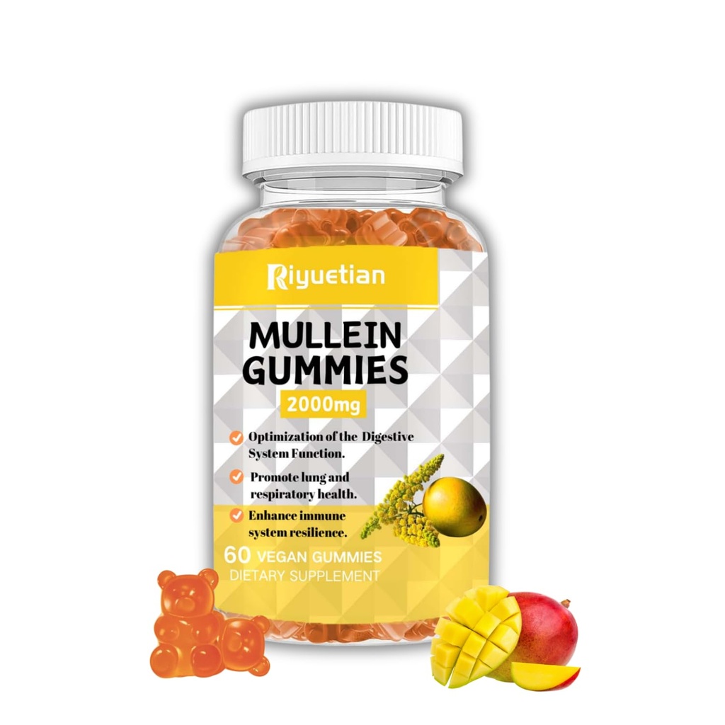 Mullein Gummies, 2000mg Βιολογικό εκχύλισμα φύλλων Mullein με Quercetin, Bromelain & Βιταμίνη D3, εκχύλισμα φύλλων Mullein για αναπνευστικό, φυσικό καθαρισμό πνευμόνων, βελτίωση της όρεξης, Vegan, μη-GMO, 1 συσκευασία
