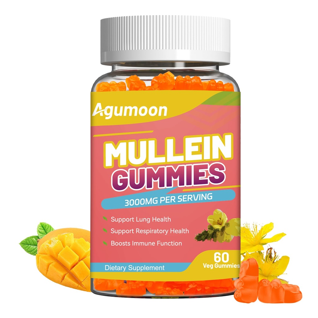 3000MG Mullein Gummies, Extra Strength Mullein Leaf Extract with Quercetin, Bromelain for Lung Detox & Immune Support, Mango Flavor, 60 Count