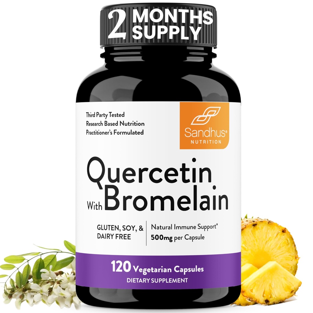 Quercetin with Bromelain Vegetarian Supplement Capsules | 120 Kont (1000 mg Per 2400 GDU/g) | Destekler Sağlıklı Immune Sistemi, Mevsimsel Antioksit Desteği ile Yardımcı Oldu | Yüksek Apsiyon Antioksit