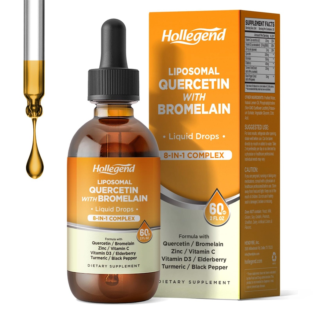 Liposomal Quercetin with Bromelain Liquid Drops, 8 in 1 Organik Quercetin 1000 mg Supplements with Bromelain 500 mg, C, D3, çinko, Elderberry, Turmeric for Immunity & Respiratory Health, 2 Fl Oz