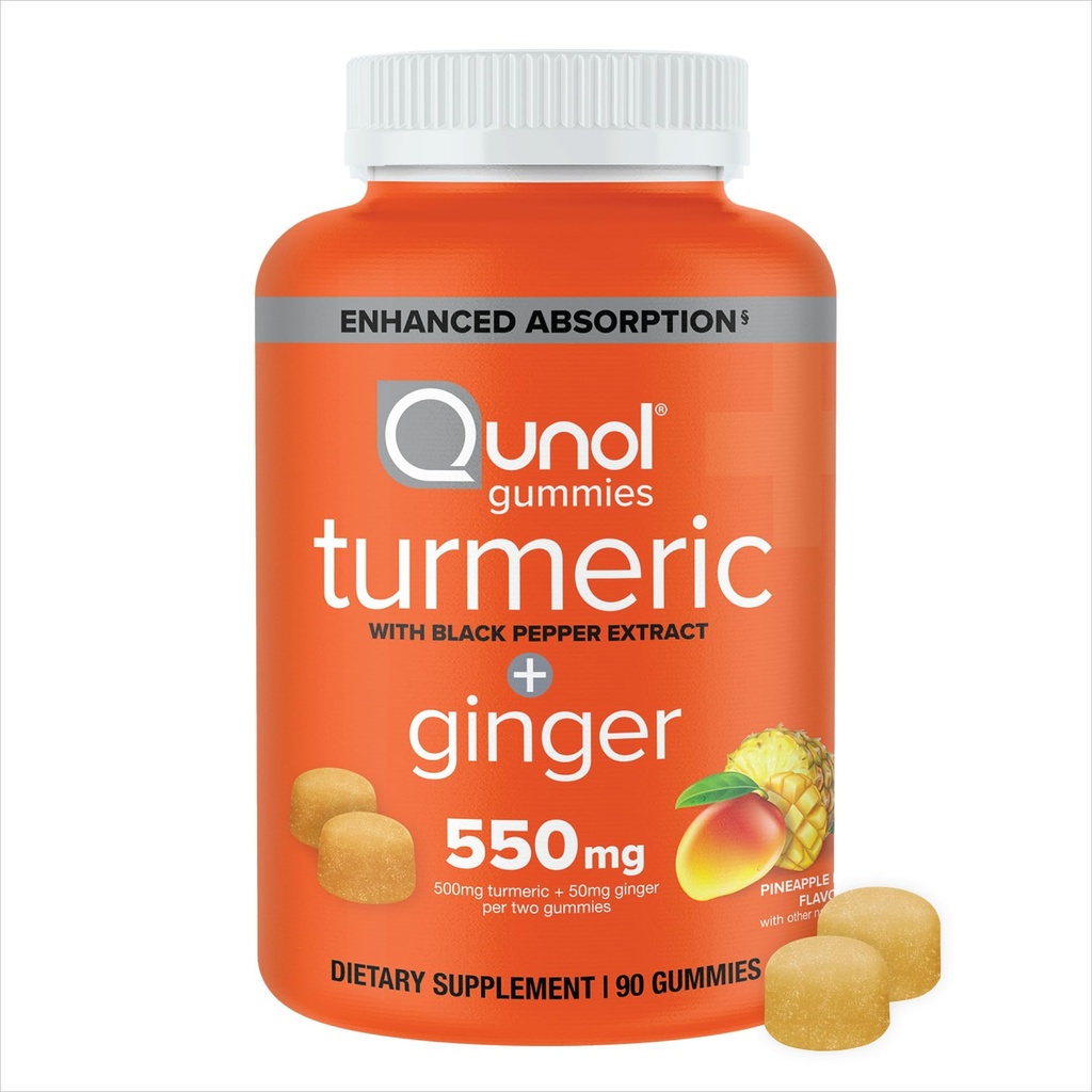 Qunol Turmeric ve Ginger ile Black Pepper Gummies, Turmeric Curcumin Supplement, Ortak Sağlık Destek Gummy, 90ct Gummies