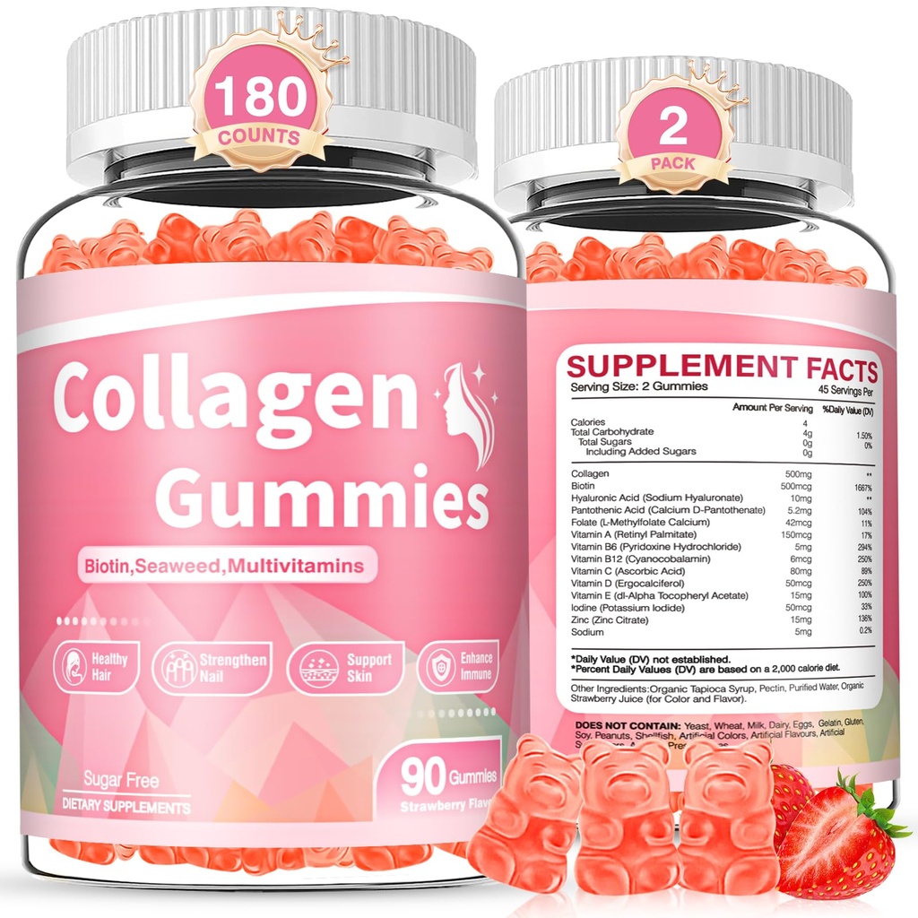 180 Kont Collagen Gummies Collagen Protein Tip I II III V X with Biotin Vitamin C A B D E Keratin Hyaluronic Acid for Hair Skin Nails Ortak Immune Digestion Women Men Sugar Free Strawberry