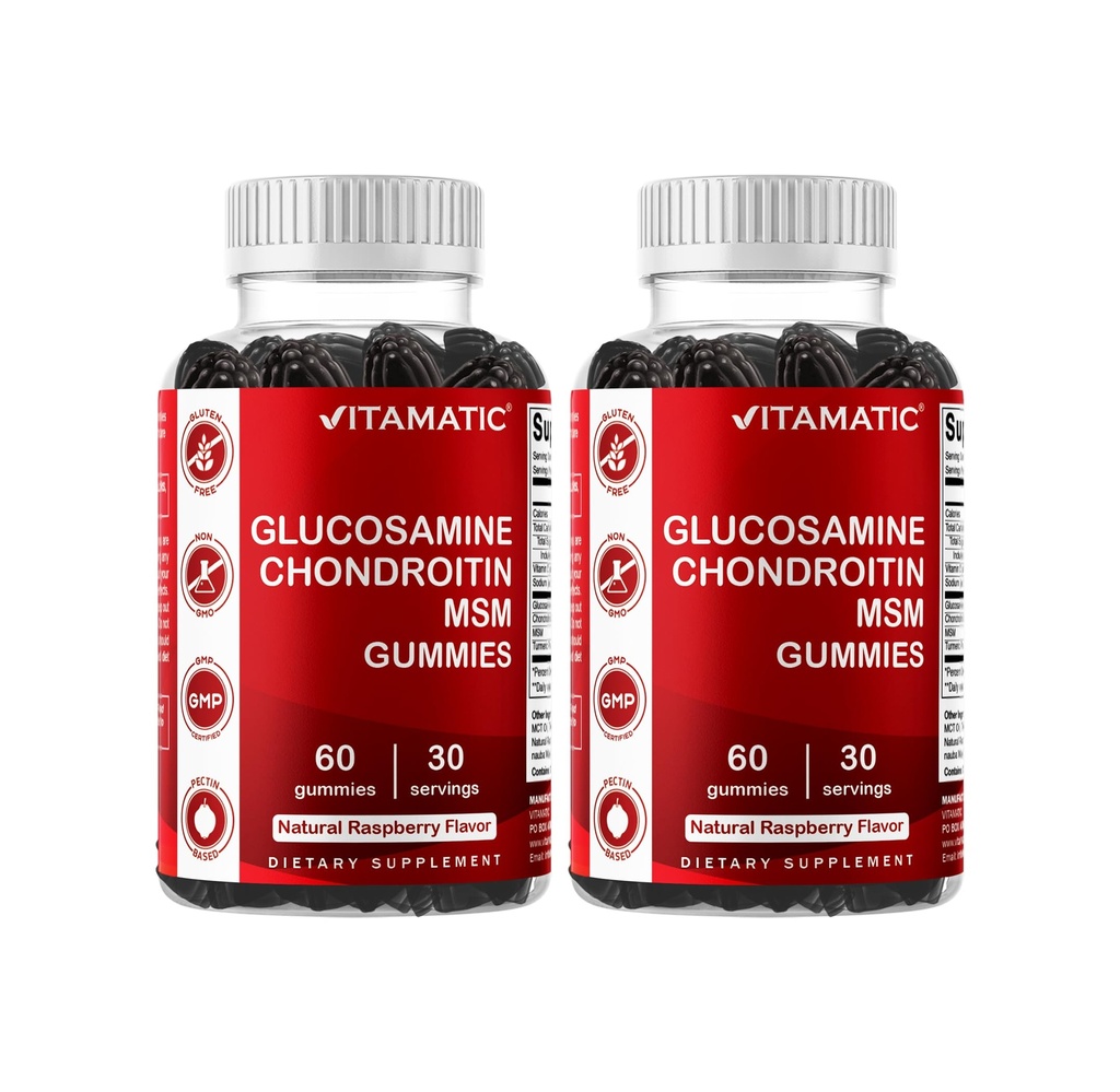 Vitamatic Glucosamine Chondroitin Gummies with MSM & Vitamin E - Ortak Destek - Şişe başına 60 Pectin-Based Gummies - Pack of 2 (Top 120 Kont)