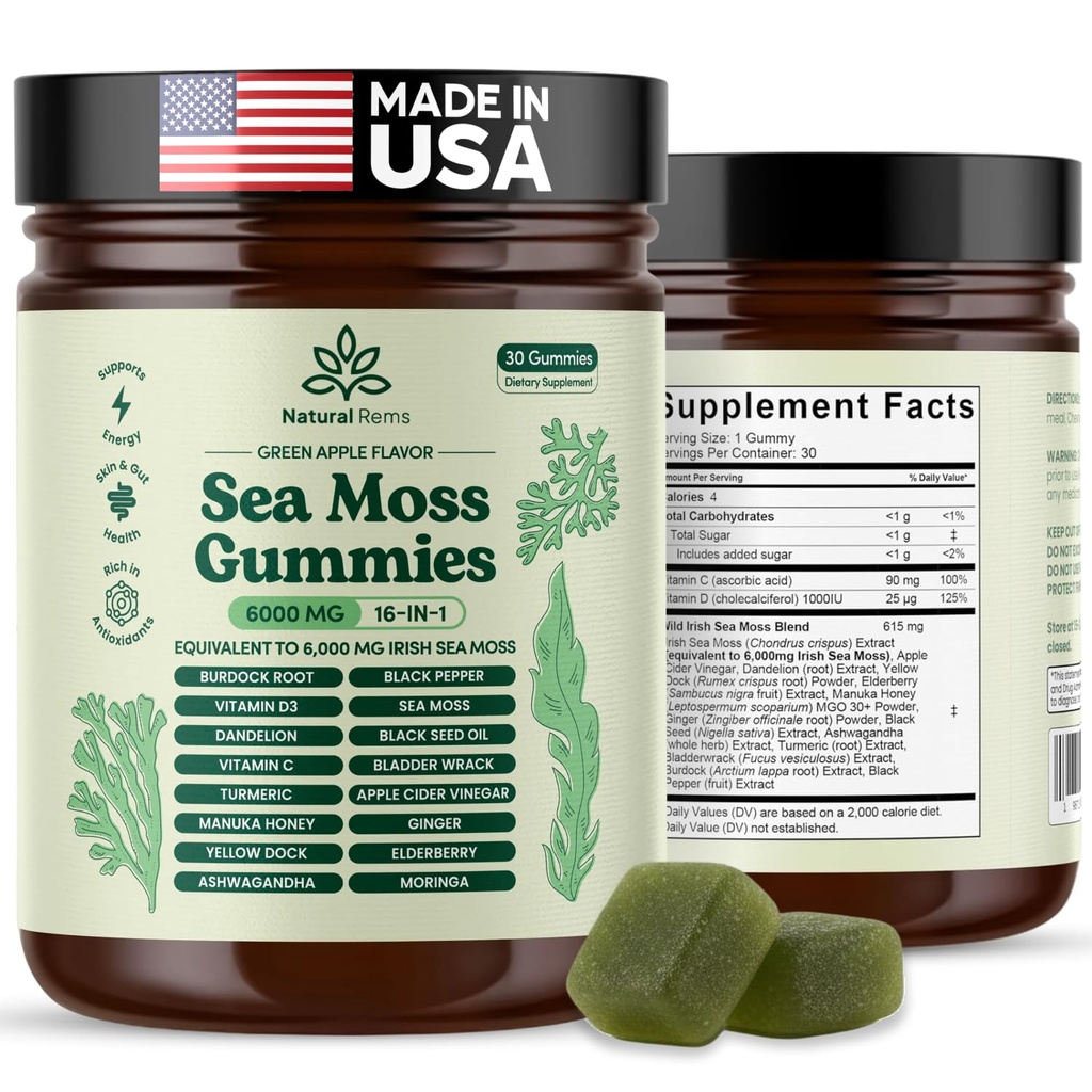 Natural Rems Sea Moss Gummies 16-σε-1 - Ashwagandha Black Seed Oil Bladdder Wrack Turmeric Vitamin C & D3 με Manuka Burdock Root Dandelion Yellow Dock Elderberry Apple Cider Vinegar (Πράσινη Μήλο)