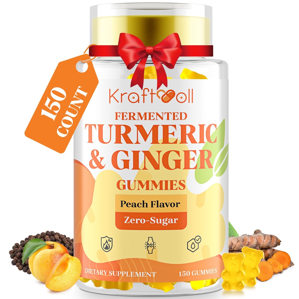 5 Moon Supply Turmeric and Ginger Gummies with Black Pepper, Fermented Turmeric for Joint Comfort & Mobility, Sugar-Free with Vitamin D3 + K2, Natural Peach Flavor – 150 Gummies