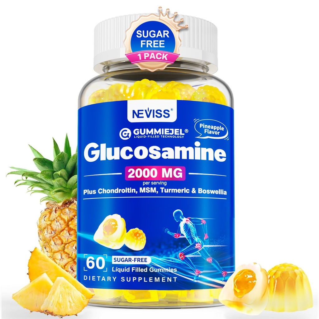 Χωρίς ζάχαρη Γλυκοσαμίνη Χονδροϊτίνη MSM Gummies - Μέγιστο συμπλήρωμα κινητικότητας δύναμης για γυναίκες & άνδρες w/ Γλυκοσαμίνη Sulfate 2000mg, Boswellia, Κουρκουμίνη & Υαλουρονικό οξύ - Υποστήριξη ευελιξίας - 60Cts