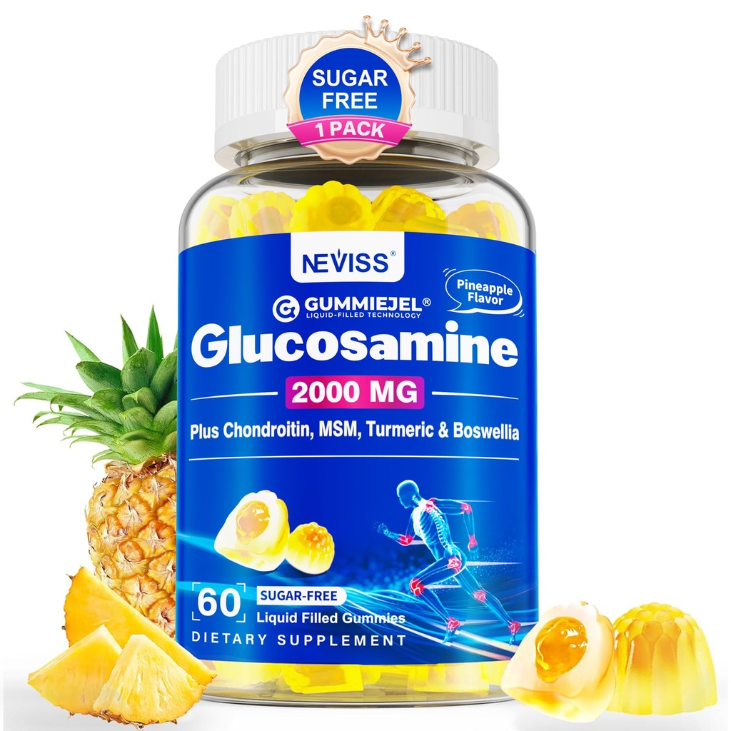 Sugar Free Glucosamine Chondroitin MSM Gummies - Max Strength Mobility Supplement for Women & Men w/ Glucosamine Sulfate 2000 mg, Boswellia, Curcumin & Hyaluronic Asit - Flexability Support - 60Cts