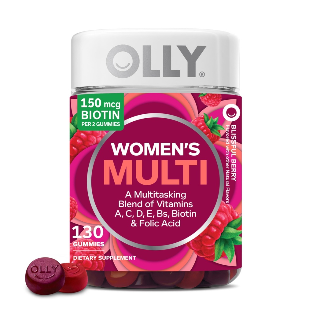 OLLY Πολυβιταμίνη Gummy γυναικών, Γενική ευεξία γυναικών,* Βιταμίνες A, C, D, E, Βιοτίνη, Φολικό οξύ, συμπλήρωμα μάσημα ενηλίκων, Berry Flavored, 65 Day Supply - 130 Count