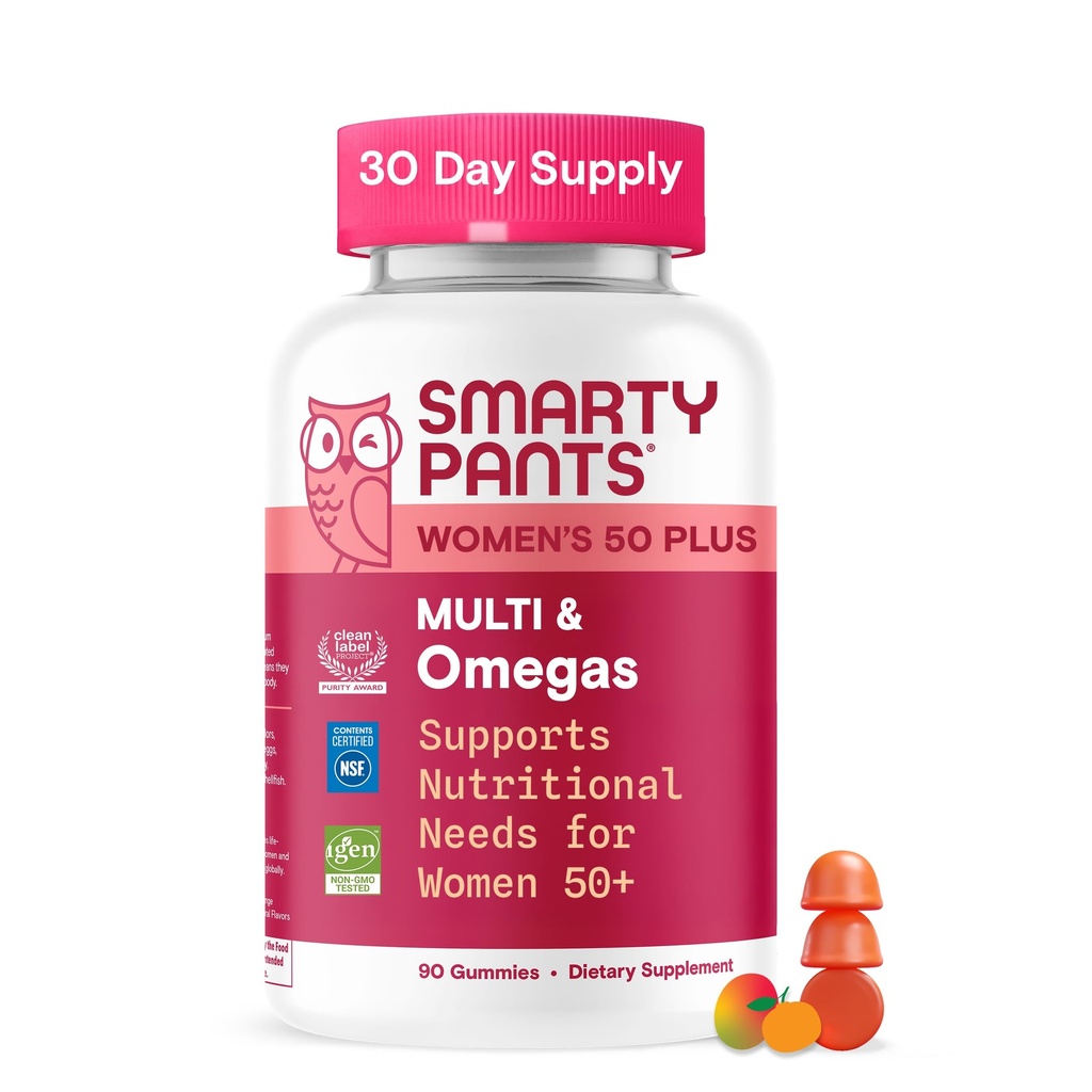 SmartyPants Multivitamin Gummy for Women 50 and Over, Omega 3 (DHA/EPA), Metrik, CoQ10, Vitamin D3, C, B12, B6, A, K, Biotin, Gluten Free, 90 Count (30 Day Supply)