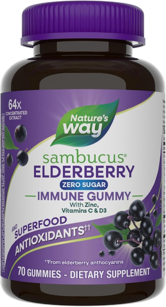 Nature's Way Sambucus Zero Sugar Immune Gummies, Daily Immune Support*, Black Elderberry Extract, C, Vitamin D3, çinko, Sugar Free, Sugar Alkol Free, Plant-Based Sweeteners, 70 Gummies