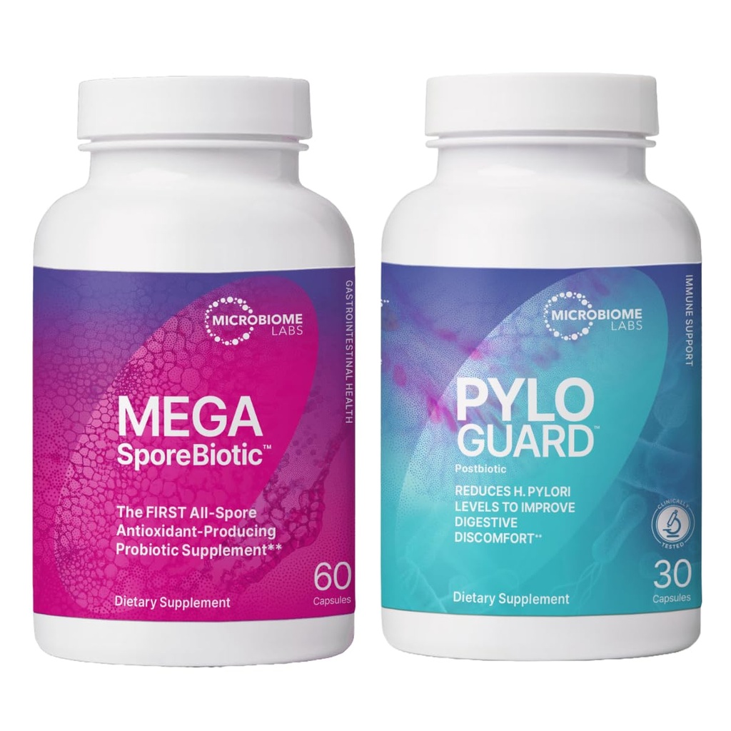Microbiome Labs Mega ClaytoneBiotic Sporte-Based Probiyotiks (60 Capsules) + PyloGuard Postbiyotik L. reuteri DSM 17648 Tamamı Vücudun Elimination Sürecini Desteklemek için (30 Capsules) - 2 Ürünler