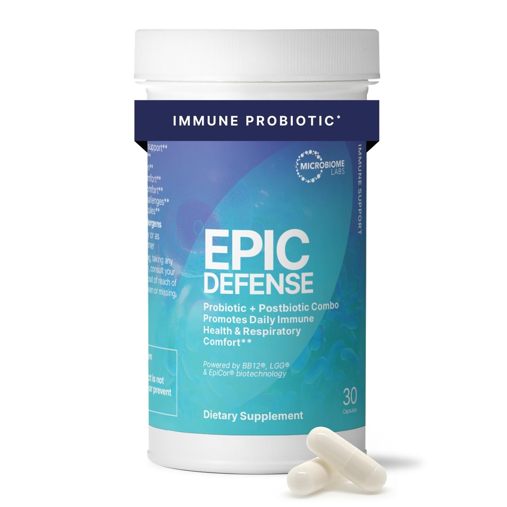 Microbiome Labs EpicDefense Probiotic + Postbiotic Combo - Ανοσοβιοτική Φόρμουλα με LGG, BB-12 & Epicor - Καθημερινή υποστήριξη ανοσοποιητικού συστήματος - Αναπνευστική άνεση - Υποστήριξη για την υγεία των ούρων (30 κάψουλες)
