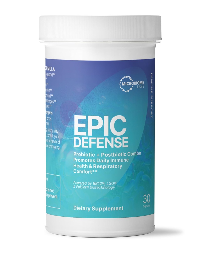 Microbiome Labs EpicDefense Probiotic + Postbiotic Combo - Ανοσοβιοτική Φόρμουλα με LGG, BB-12 & Epicor - Καθημερινή υποστήριξη ανοσοποιητικού συστήματος - Αναπνευστική άνεση - Υποστήριξη για την υγεία των ούρων (30 κάψουλες)