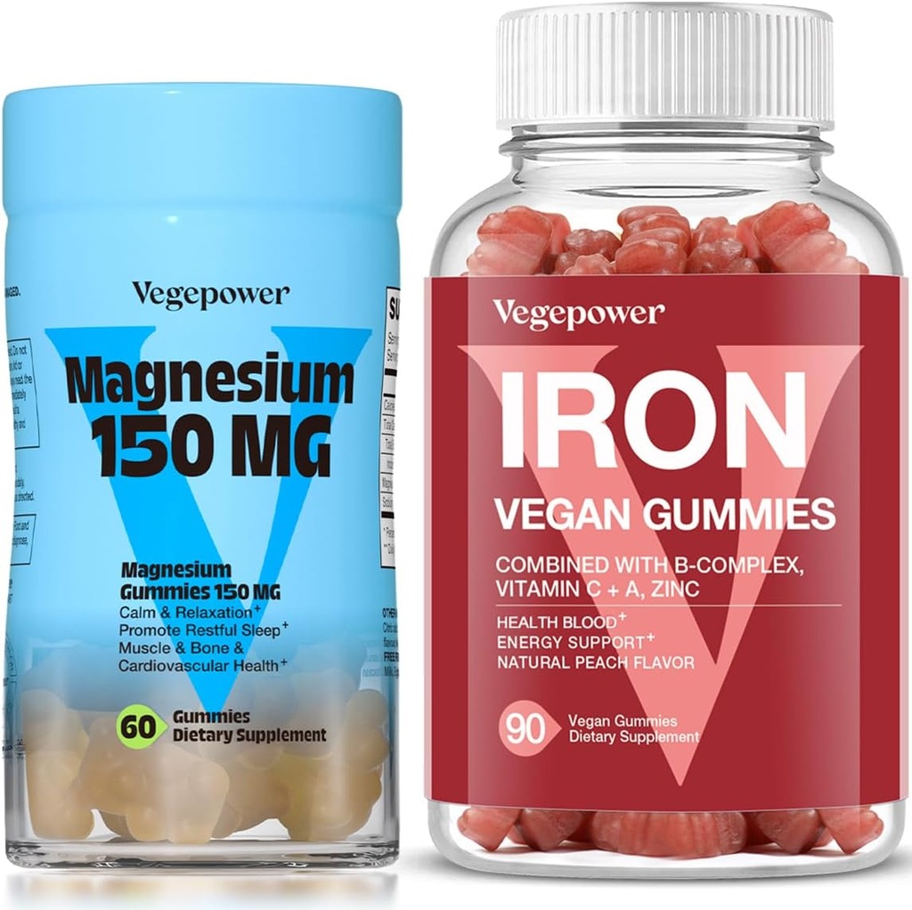 Vegan Demir Gummies + Magnezyum Gummies | Iron Supplement Support Blood Health for Yetişkinler & Çocuklar | 150 mg Calm Magnezyum Citrate Gummies for Better Sleep, Relaxation