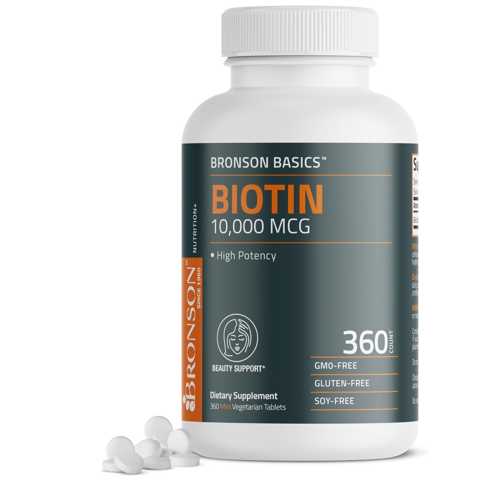 Bronson Biotin 10.000 Telefon, Sağlıklı Saçları Destekler, Skin ve Nails, Vegetarian, Non-GMO, 360 Tabletler