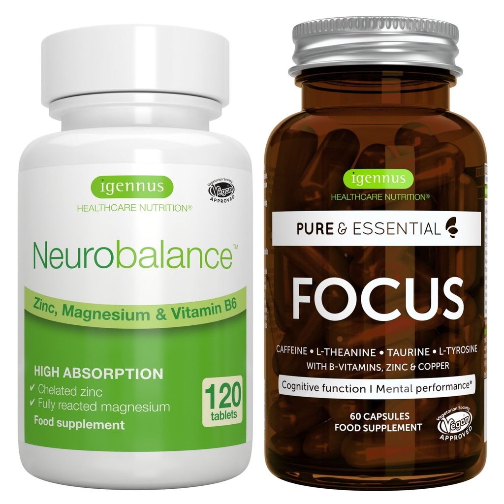 Νευροεξισορρόπηση + Focus Brain Booster Vegan Bundle, Υψηλής Απορρόφησης Μαγνήσιο ψευδάργυρου & B6 + καφεΐνη, Αμινοξέα & μεθυλιωμένες Β-βιταμίνες, από τον Igenus