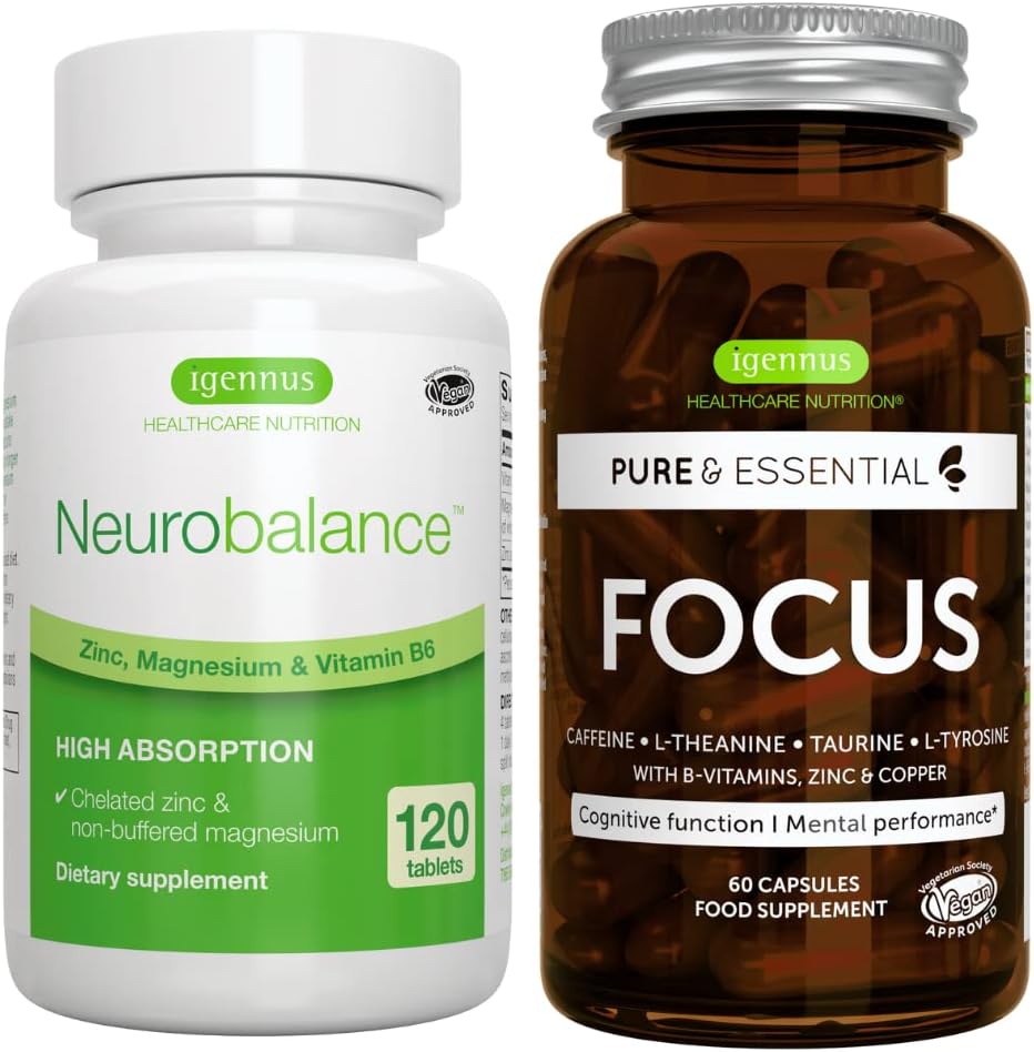 Nörobalance + Focus Brain Branson Vegan Atkins, High Abxia Magnezyum & B6 + Caffeine, Amino Asits & Metilated B-Vitamins, by Igennus