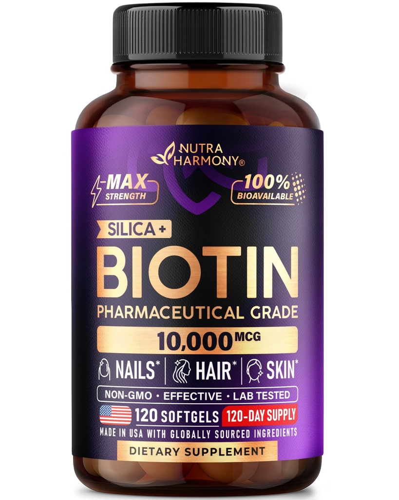 Biotin 10000mcg with Silikon - Farm Grade Biotin Supplement for Women - Saç Büyüme Desteği, Skin & Nails - Max Strength & 100% Bioavailability - Made in USA - 120 Softgels, 120 Days Supply