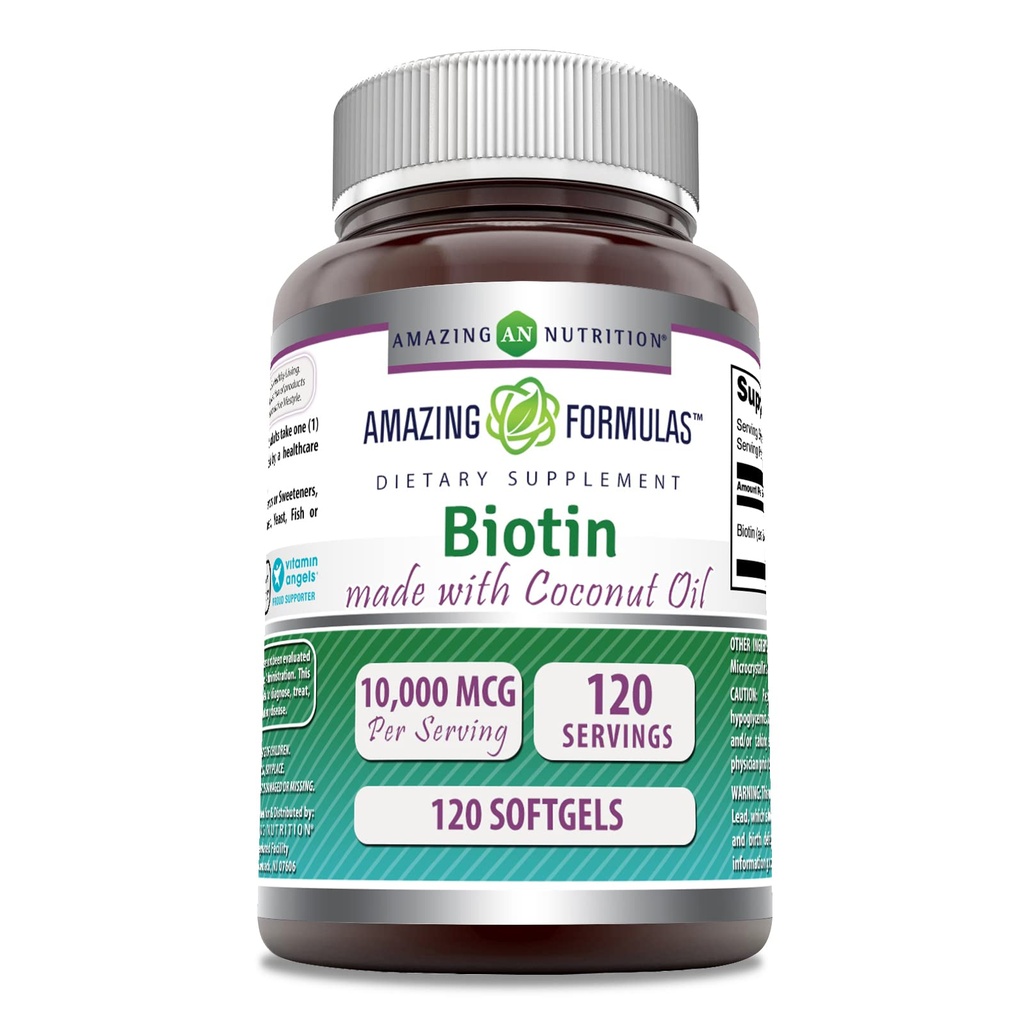 Amazing Formulas Biotin, Ekstra Virgin Organic Coconut Oil Supplement | 10000 Mcg | 120 Softgels | Non-GMO | Gluten-Free | Made in USA