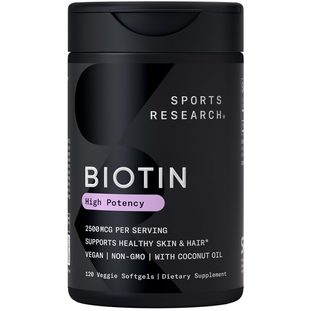 Sports Research® Biotin 250006 with Organic Coconut Oil - Biotin (Vitamin B7) for Health Skin and Hair Support* - for Women and Men - Vegan, Non-GMO, Gluten & Soy-Free - 120 Veggie Softgels