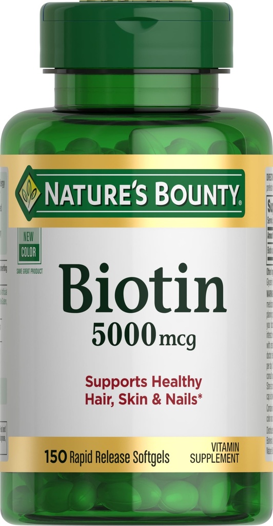 Nature's Bounty Biotin, Hücre Enerji ve Sağlıklı Saçlar için Metabolism, Skin ve Nails, 5000 mcg, 150 Softgels