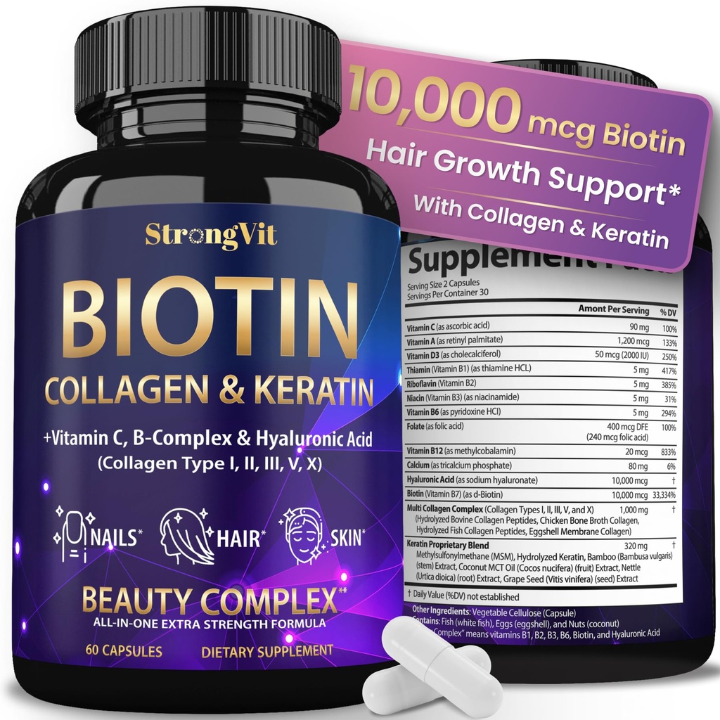 GüçlüVit Biotin, Hyaluronic Acid, Keratin ve Collagen Supplements - Saç Büyüme Kadınları ve Erkekler için 10000 Telefon - Saç Skin ve Nails Vitaminleri - 60 Capsules