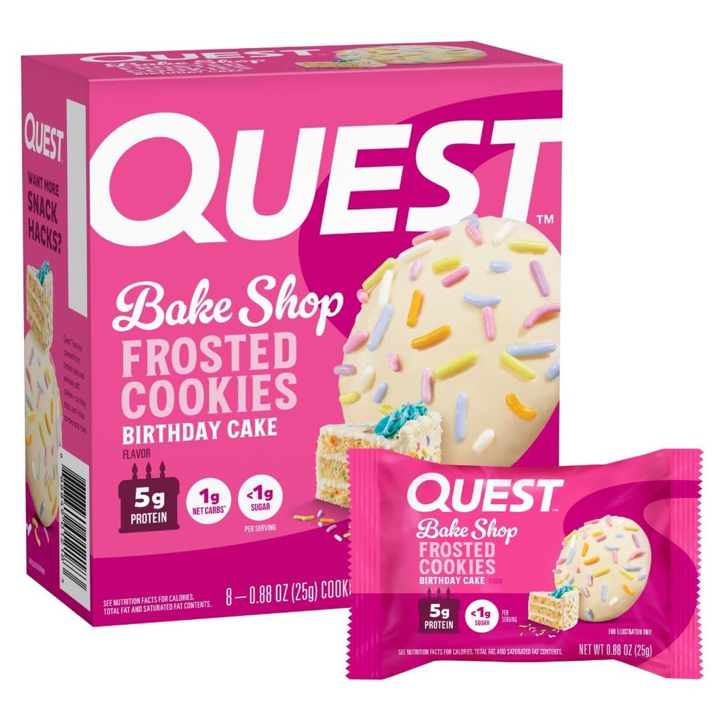 Quest Nutrition Frosted proteinler, doğum pastası, <1g Sugar, 5g protein, 1g Net Carbs, Gluten Free, 8 Kurabiye