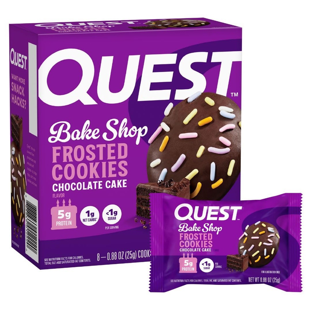 Quest Διατροφή παγωμένες πρωτεΐνες cookies, κέικ σοκολάτας, < 1g ζάχαρη, 5g πρωτεΐνη, 1g καθαρό υδατάνθρακες, χωρίς γλουτένη, 8 cookies