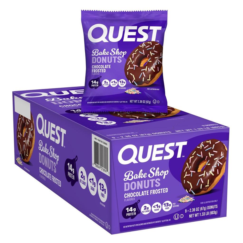 Quest Beslenme Bake Shop, Chocolate Frosted Donuts, 14g Protein, 1g Sugar, protein Snack, Low Sugar, 9 Count