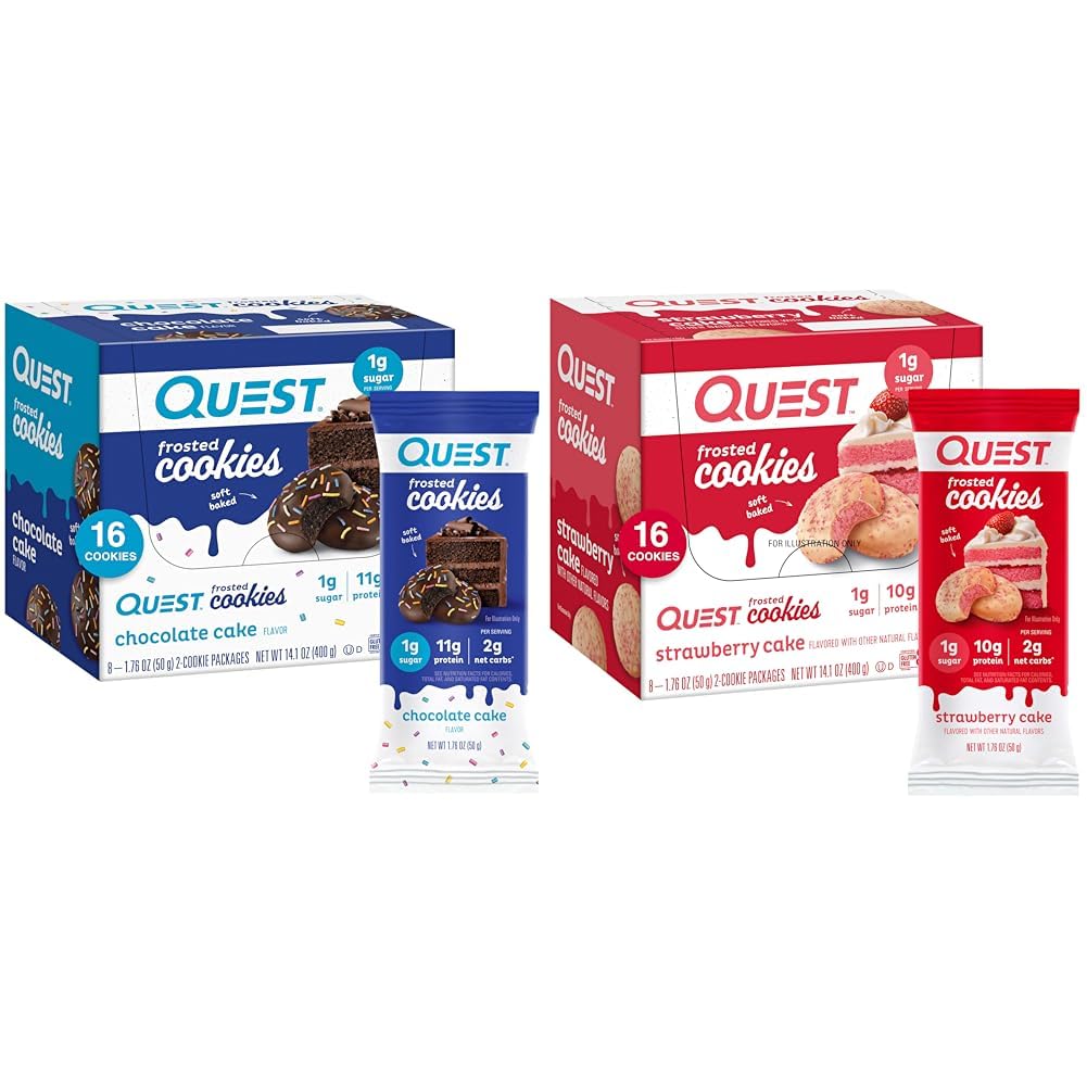 Quest Nutrition Frosted Cookies Twin Pack Sche, Chocolate Cake 1g Sugar 11g Protein 2g Net Carbs ve Strawberry Kek 1g Sugar 10g Protein 2g Net Carbs, Gluten Free, 16 Kurabiyeler Her Şey