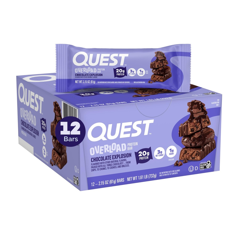 Quest Nutrition Overload protein Bars, Chocolate Blast, 20g protein, 1g Sugar, 3g Net Carbs, Gluten Free, 12 Count Count Count