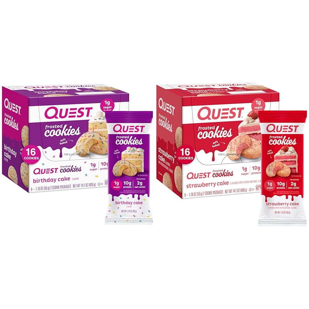 Quest Frosted Cookies Twin Pack with Birthday Kek 1g Sugar 10g Protein 2g Net Carbs Gluten Free 8 Count and Strawberry Kek 1g Sugar 10g Protein 2g Net Carbs Gluten Free 16 Kurabiyeler