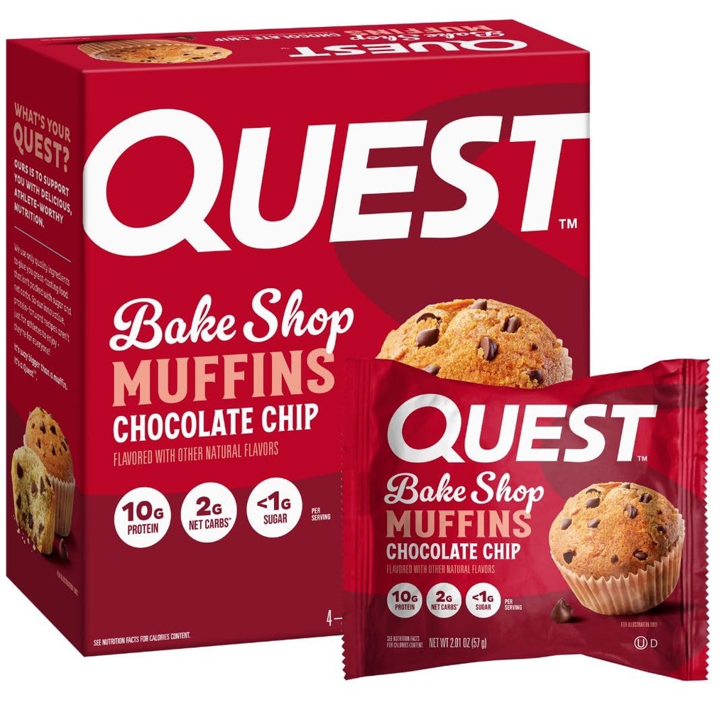 Quest Chocolate Chip Muffin, 10g protein, 2g Net Carb, 1g Sugar, protein Snack, 4 Count