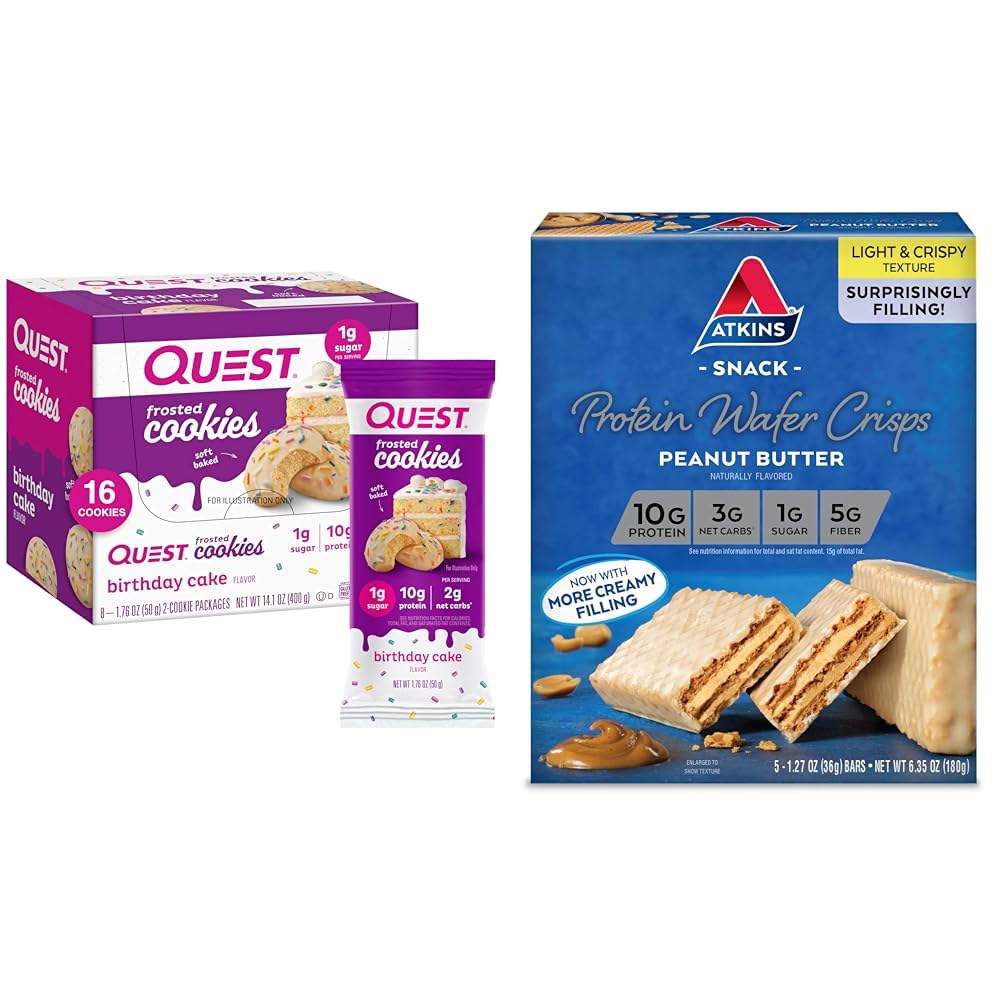 Quest doğum günü Kek Frosted Cookies Twin Pack with 16 Cookies and Atkins Peanut Butter Protein Wafer Crisps with 5 Count