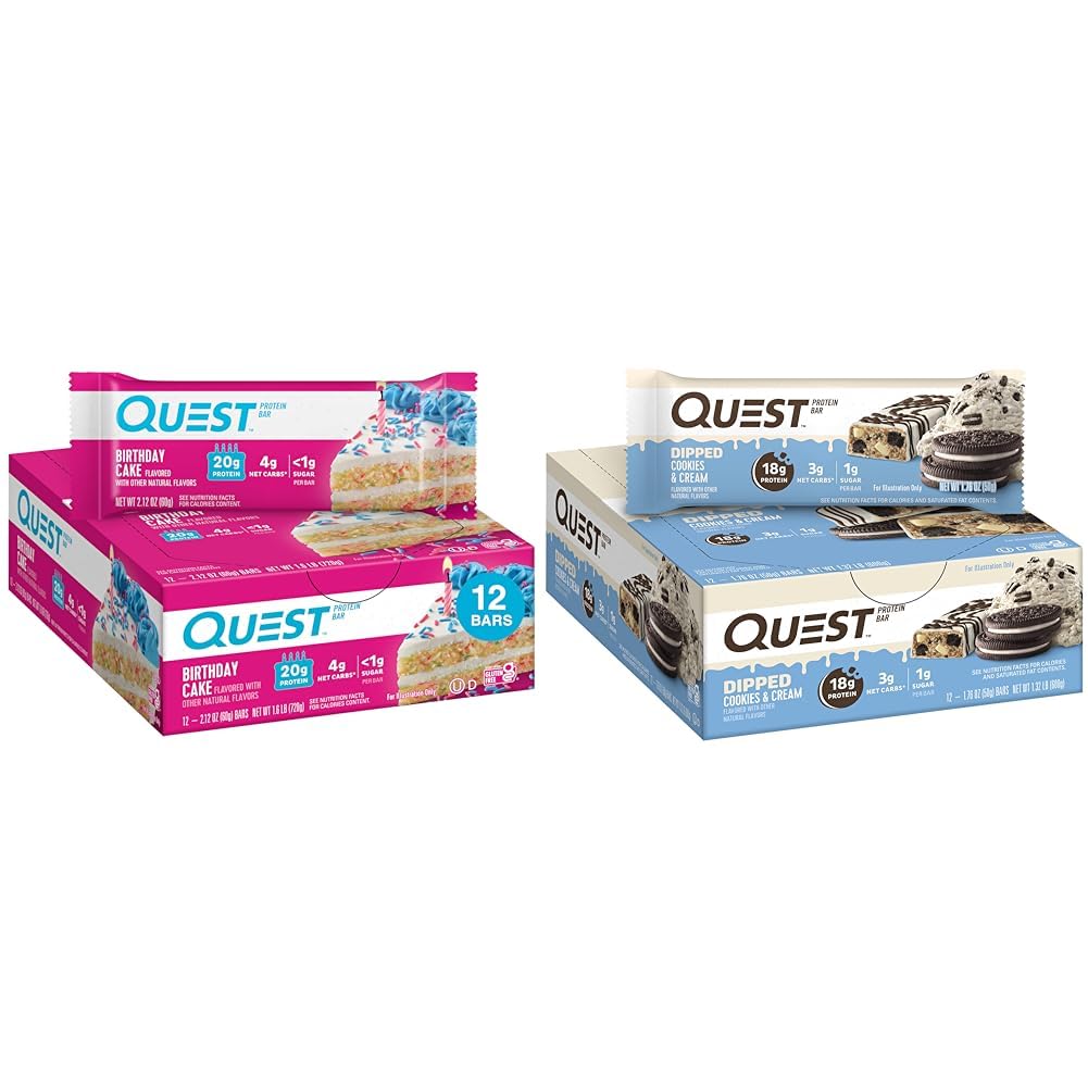 Quest Birthday Cake & Cookies & Cream Dipped Protein Bars, Yüksek Protein, Gluten Free, Keto Friendly, 12 Count Every