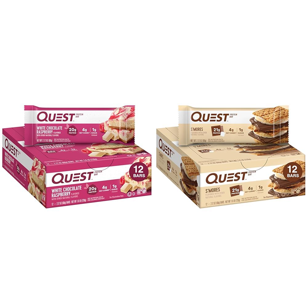 Quest Nutrition White Chocolate Raspberry Protein Bars, Yüksek Protein, Low Carb, Gluten Free, Keto Friendly, 12 Kont & S'mores Protein Bar, Yüksek Protein, Low Carb, Gluten Free, Keto Friendly, 12 Kontb, Gluten Free, Chem Friendly, 12 Kont