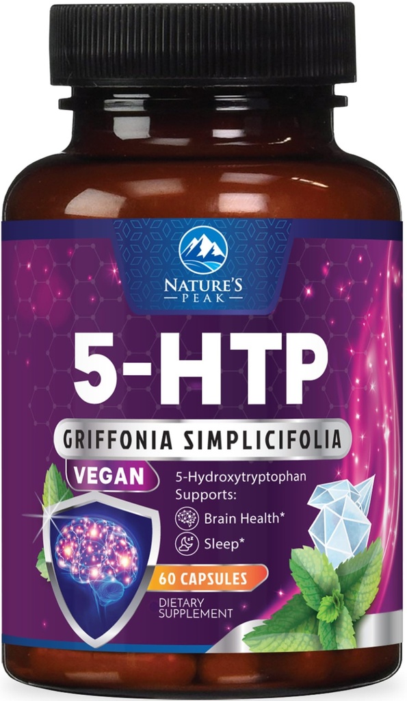 5-HTP Supplement - 5-HTP 200 mg Oda başına - Ekstra Kuvvet 5HTP (5-Hydroxytryptophan) Griffonia Simplicifolia - Supports Restful Sleep, Natural Calm & Brain Health - Şişed in USA - 60 Capsules