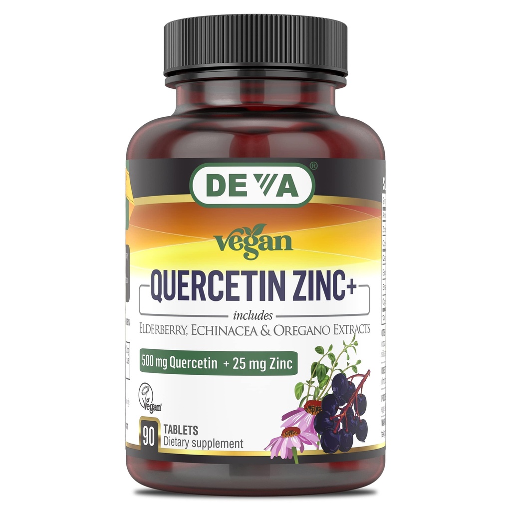 DEVA Vegan Quercetin 500mg Plus 25mg ψευδάργυρος με Elderberry, Echinacea και Oregano Extracts - Δεν υπάρχουν συστατικά ζώων - 90 δισκία, 1- συσκευασία
