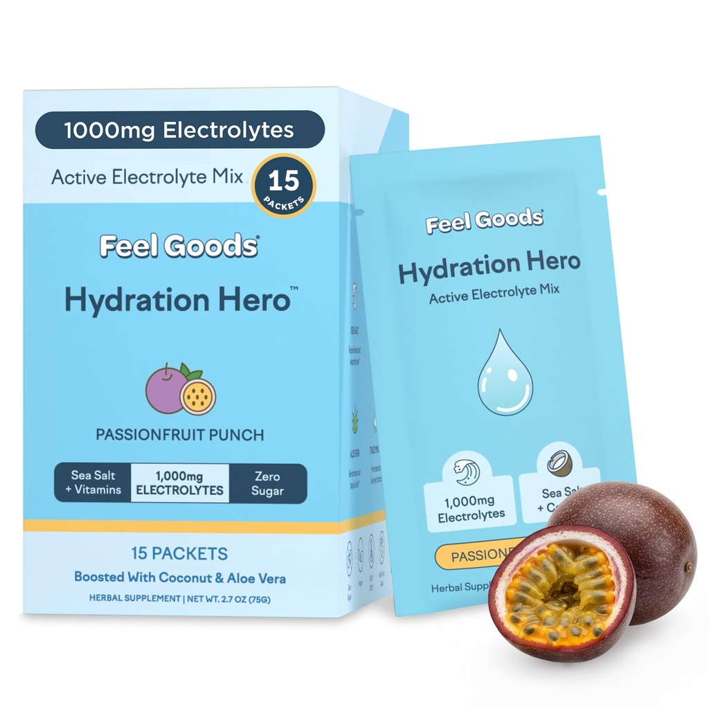 Feel Goods Hydration Hero, Sugar-Free Electrolyte Powder Packets for Daily Hydration - Electrolytes Drink Mix with Magnesium, Potassium & Vitamins for Fasting & Energy - Keto, Vegan & Organic Flavors
