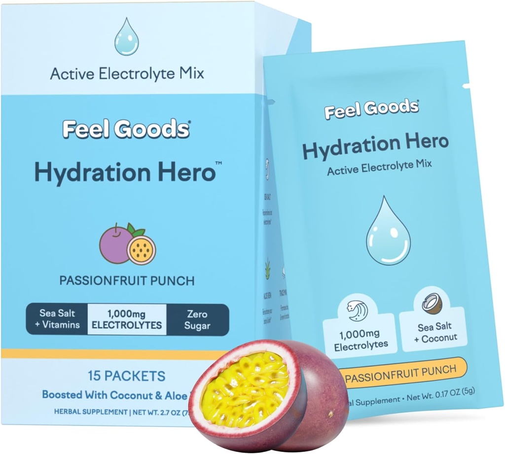 Goods Hydration Hero, 1.000 mg Electrolytes Toz, Sugar Free, Magnezyum, Organik Aloe Vera, L Theanine, C & B12, Keto, Vegan, Electrolyte Packets, Passion Fruit Punch, 15 Count